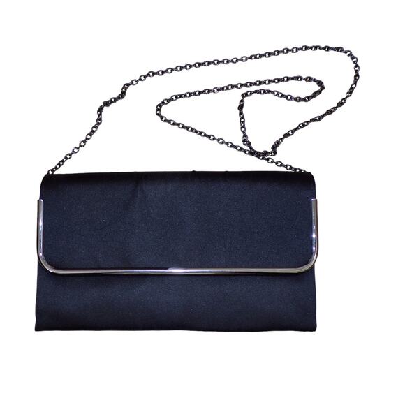 Black Satin Evening Bag Clutch Vintage Lenore by La Regal Black Metal Chain - Picture 2 of 2